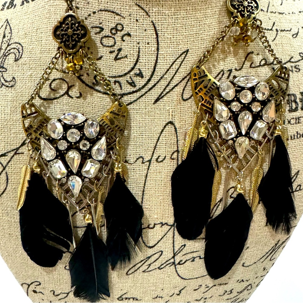 Black, Gold & Rhinestone Earrings w/ Black Feathers 4 Inch Drop for Pierced Ears